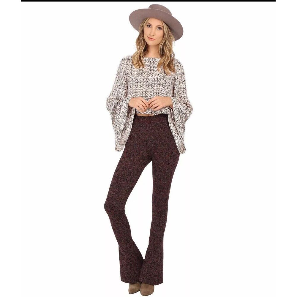 Free People Womens Small Red Wine Gold Shimmer Stretch High Rise Flare‎ Pants